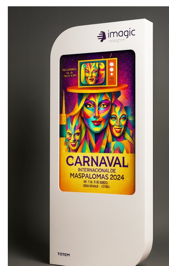 Tótem iMagicc Redesgram con cartel de carnaval